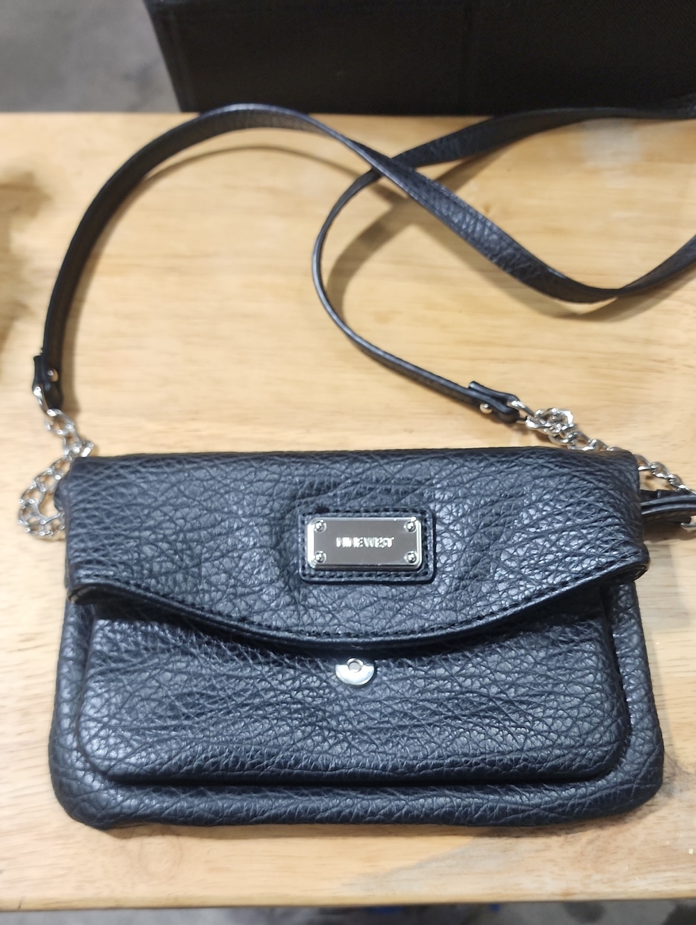 Nine West Black Textured Leather Crossbody with Chain Strap
